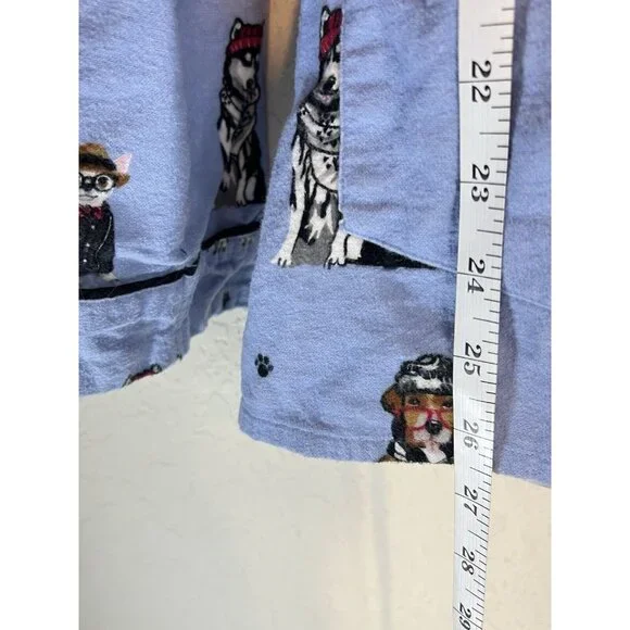PJ Salvage Pajama Top Women's L Dogs Eyeglasses Flannel Button Up Blue - Picture 8 of 16
